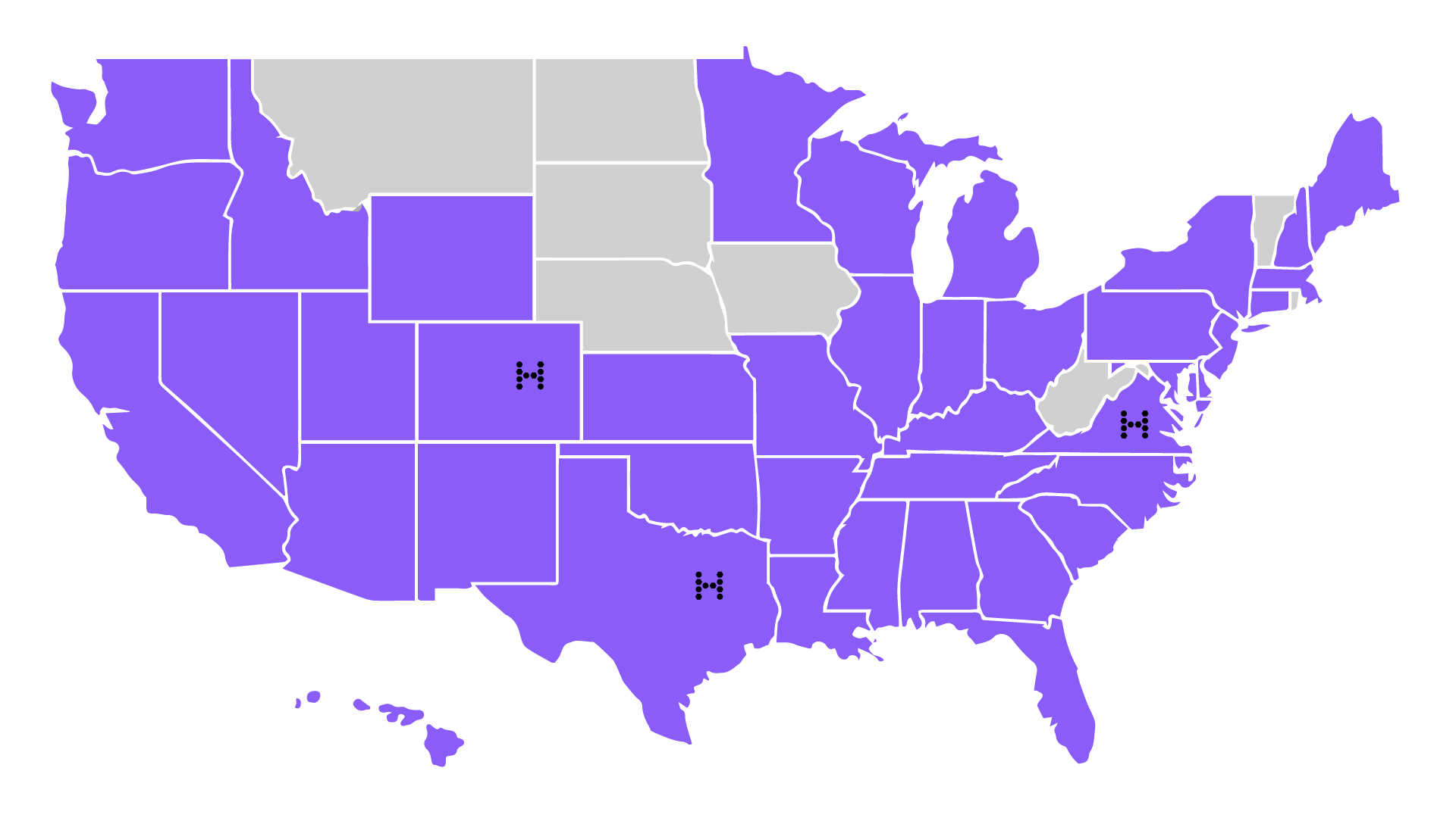 A map of the US outlining all states, with an H-symbol in the states where USNet has physical locations.